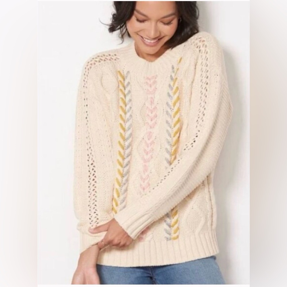 NWT Michael Stars Grace Cable Knit Pullover Sweater Size Small Chalk Combo